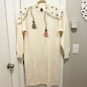 Vintage 80s Darian Cream Jeweled Gems Beads Tassels Oversized Sweater Dress LP
